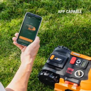 A smartphone screen displaying the WORX Landroid app interface, showing scheduling and control options for the WR165 via Wi-Fi and Bluetooth. worx landroid sale