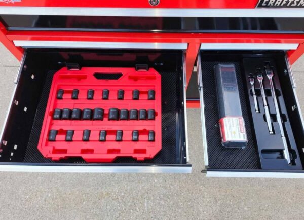 craftsman roller cabinet 41 inch Close-up of smooth ball bearing drawer slides on a tool cabinet