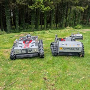 Kamaachi 4WD robotic lawn mower navigating a slope, an automatic smart grass cutter for all-terrain residential and commercial landscaping. kamaachi hybrid robot lawn mower 4wd & rv