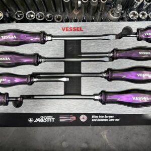 Vessel Iridescent Limited Edition Screwdriver with rainbow PVD coating and black Megadora ball grip handle on a workbench.vessel iridescent limited screw drivers